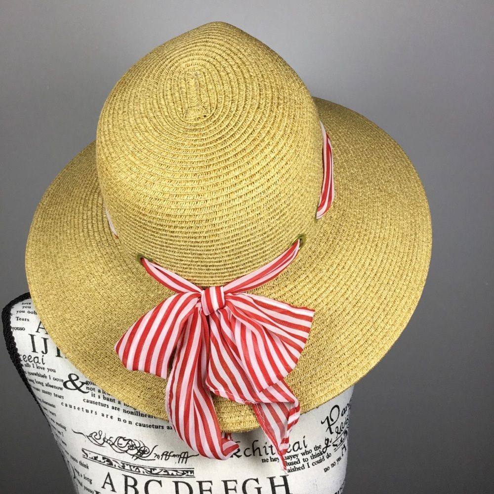 Striped red white ribbon tan wide rim straw summer hat coastal nautical beach